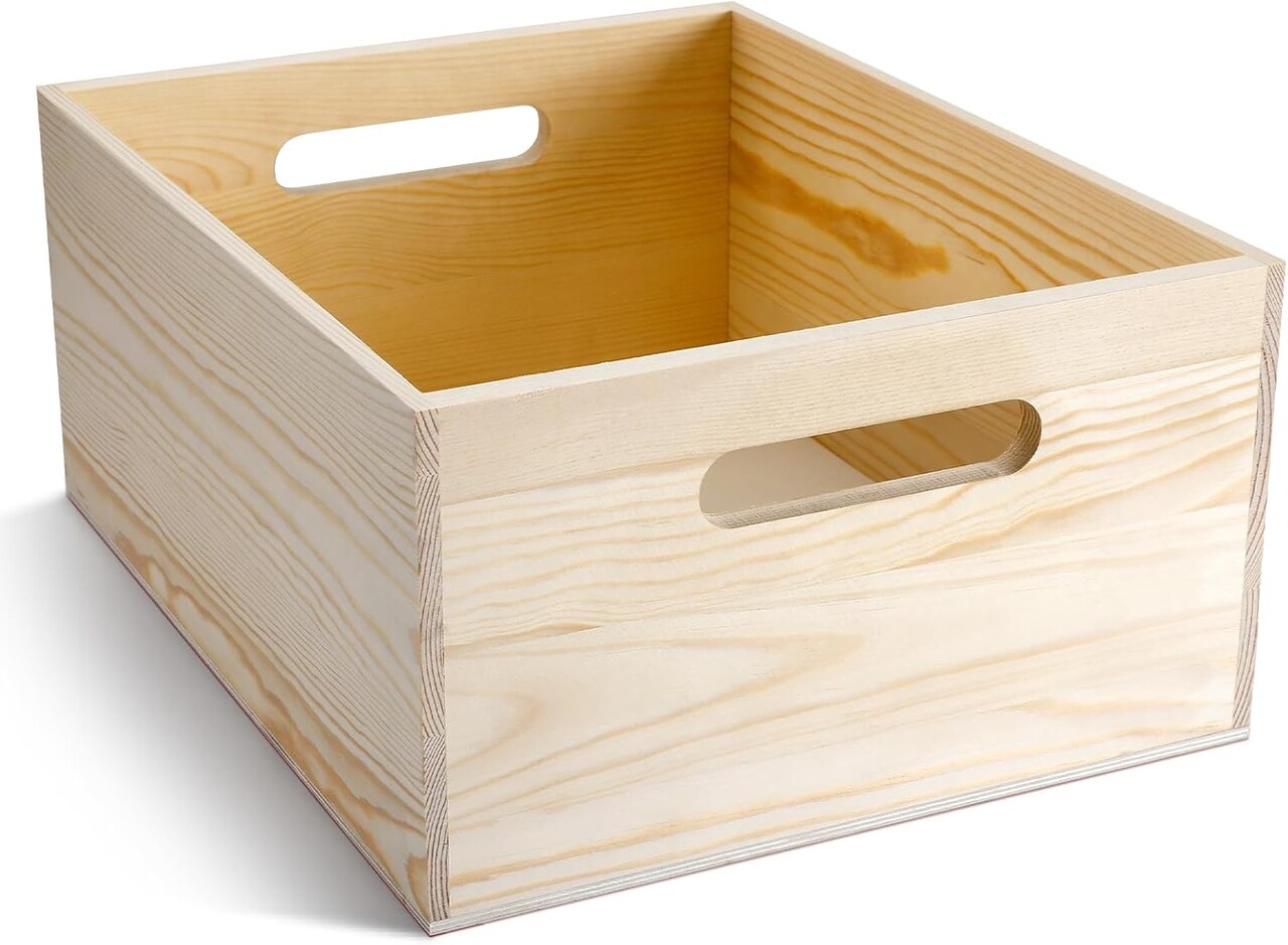 Large Wooden Box with Hand Holes, 15 x 12 x 7 Inches Unfinished Pine Wood Box for DIY Craft Arts Hobbies and Home Storage